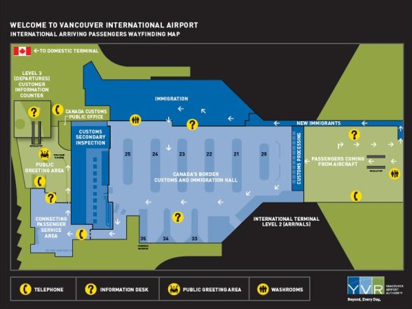 Map of the Vancouver International Airport (YVR) illustrating the International Arrivals area.